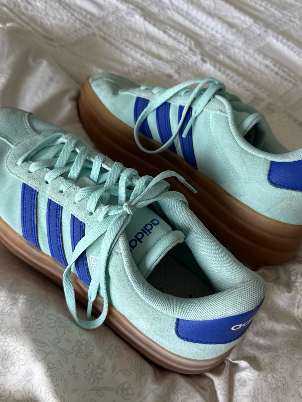 adidas Women’s Mint Green Platform Sneakers with Blue Stripes and Gum Sole
